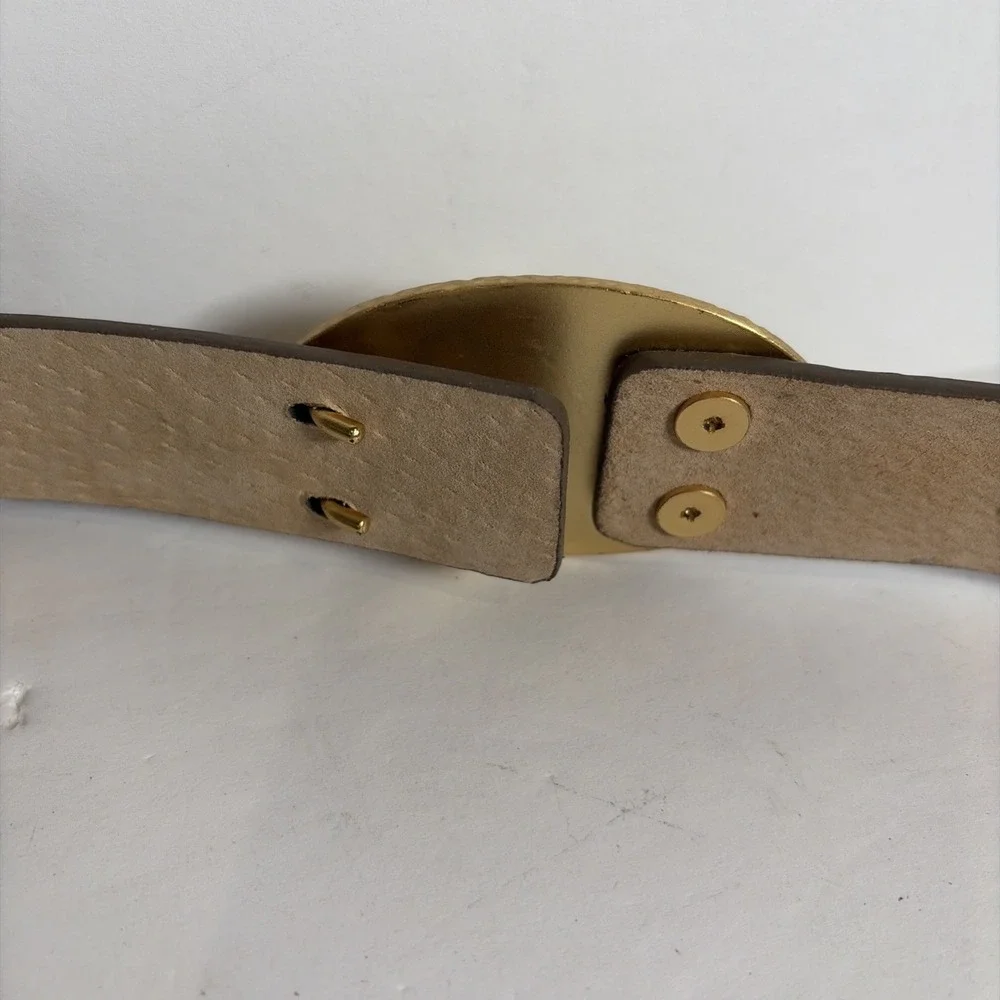 Chico's Snakeskin Pattern Leather Belt Gold Amber Lucite Buckle Adjustable M L